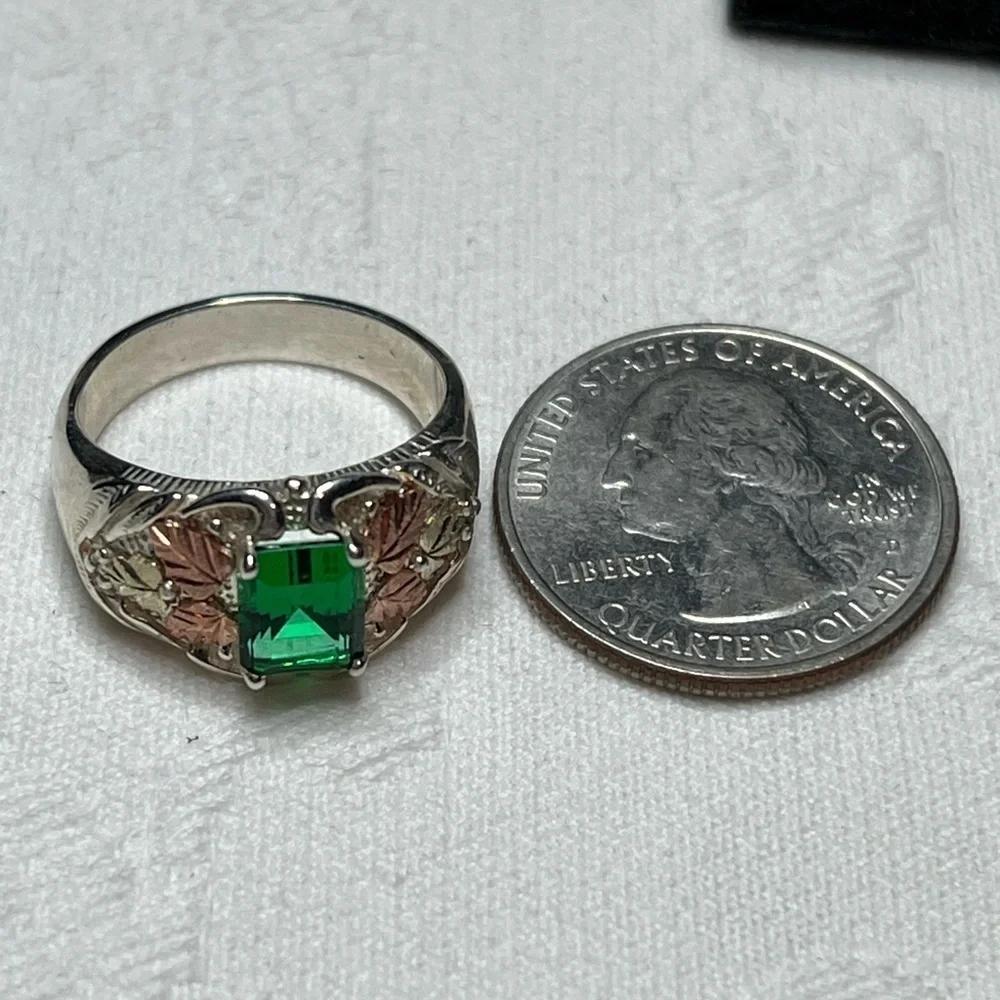 Black Hills Gold 12k Sterling Silver Emerald Cut Helenite Ring Size 8
